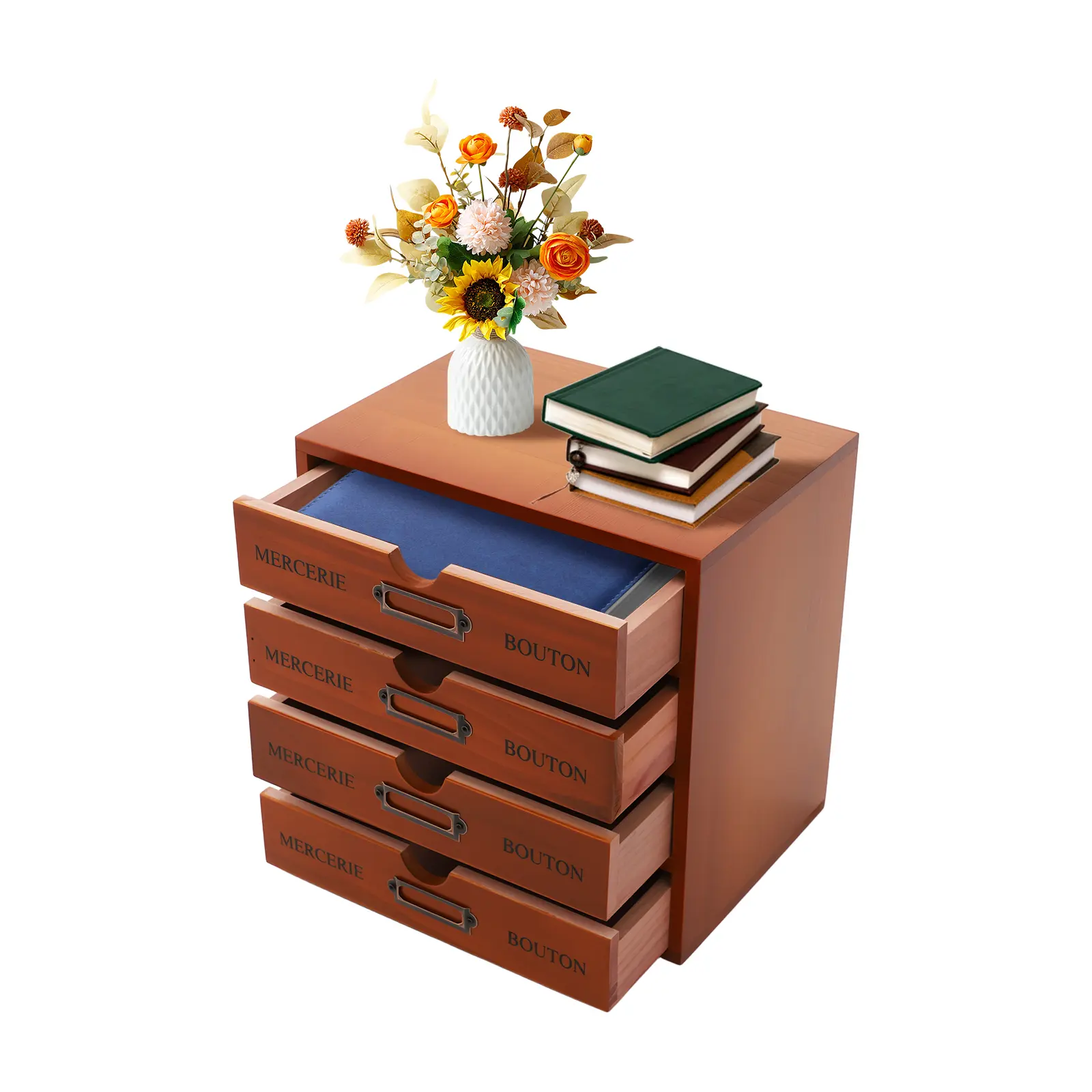 Retro Pine & Plywood 4-Drawer Desktop Storage Box with Label Holders - Spray-Painting Antique Look Home Organizer, 24.5*17.5*24.5cm Small Footprint, for Bedrooms, Festival Gift for Friends