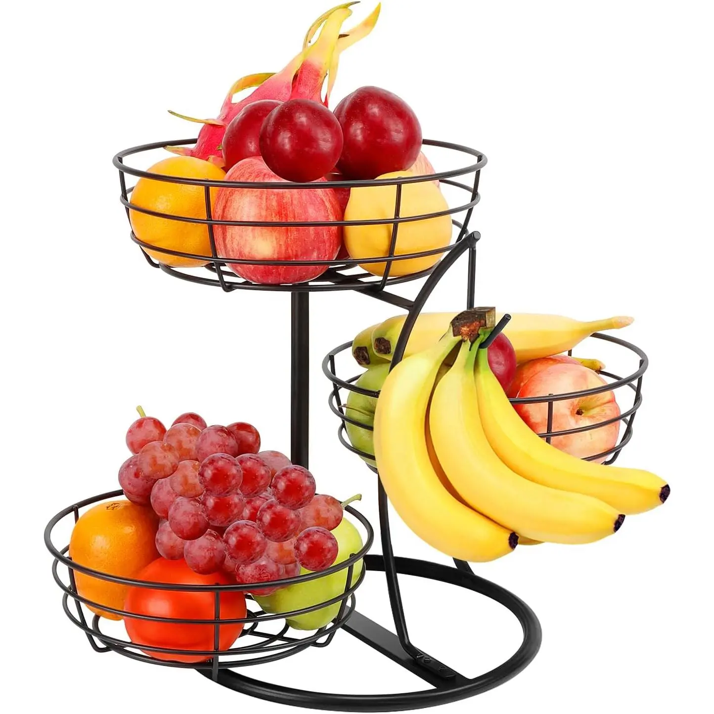 Fruit Basket Bowl with Banana Hanger, Fruit Vegetable Storage Basket with Banana Tree Holder for Kitchen Counter, Detachable Organizer for Bread Snack Produce (Black, 3-Tier Metal Base)