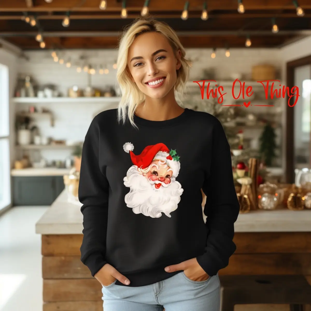 Vintage Red Hat Santa Crewneck - Festive Soft Long Sleeve Sweater for Women soft material