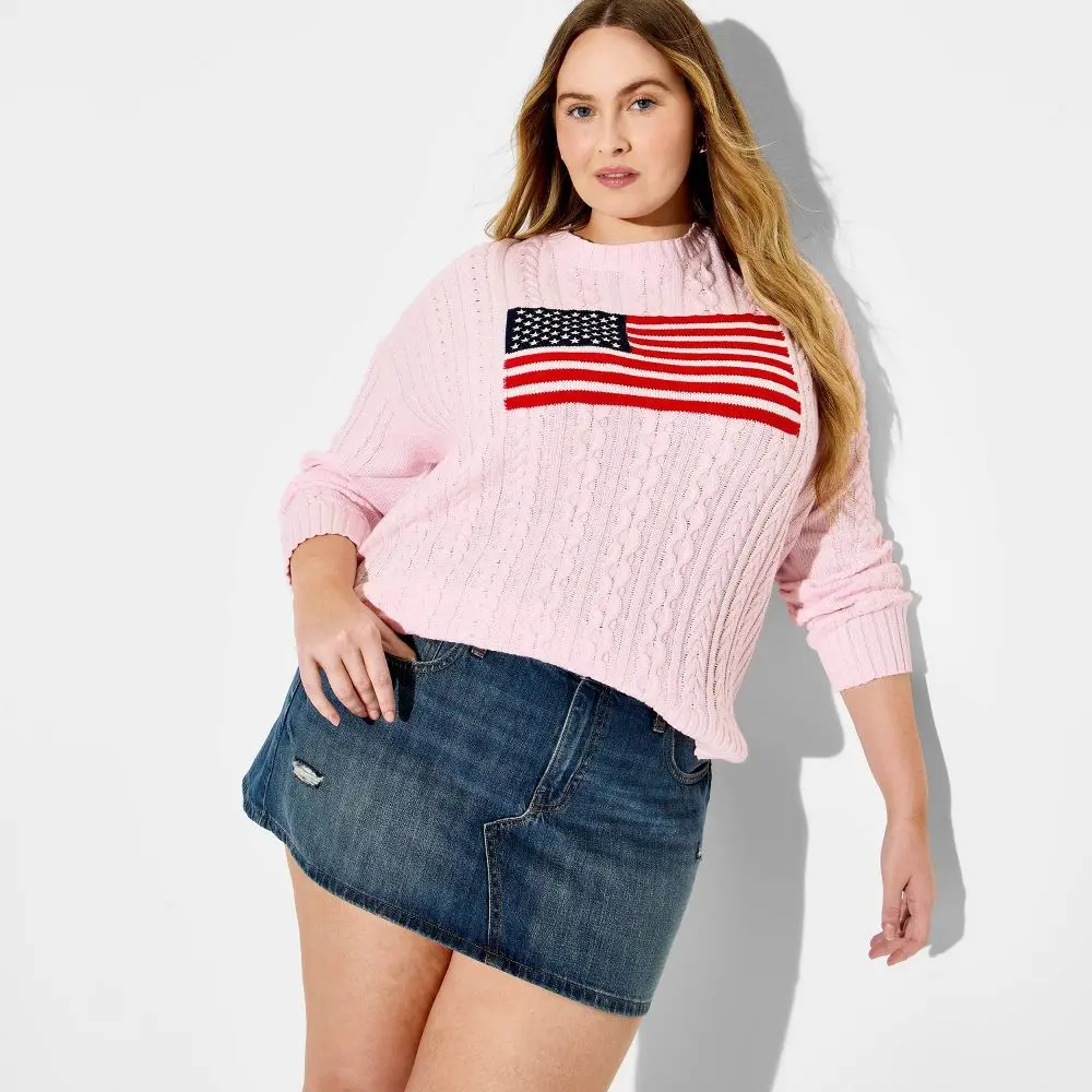 Women's Crewneck American Flag Pullover Sweater - Wild Fable Light Pink Flags XXL