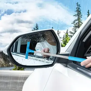 Retractable Car Rearview Mirror Wiper Portable Auto Mirror Squeegee Cleaner Long Handle Car Cleaning Tool Mirror Glass Mist Cleaner, Length Up to 67cm/26.3inch (Blue)