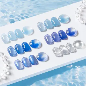 Jelly Blue Gel Nail Polish Set, 6pcs Transparent Jelly Blue with Silver Glass Cat Eye Gel Nail Polish with Magnet, for Salon Nail Art at Home DIY