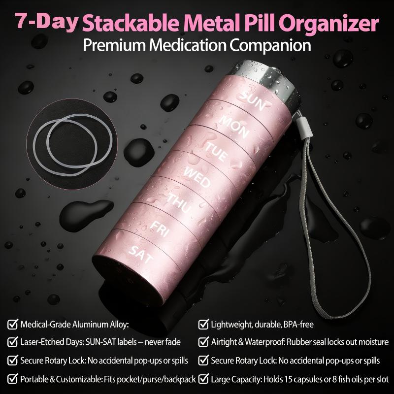 Metal WeeklyPill Organizer Stable & Anti-Tip Design Portable 7-Day Vitamin Organizer Stackable Waterproof Moisture Proof Large Pill Container for Vitamin, Fish Oil, Supplement