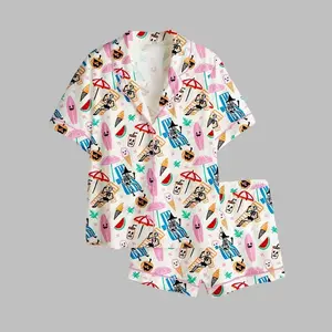 Colorful Summerween Skeletons Spooky Summer Beach Hawaii Halloween Pajama Set, Satin Pajamas
