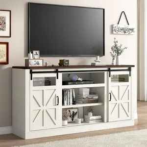 66" Farmhouse TV Stand with Power Outlets for 75 65 Inch TVs, Entertainment Center with Sliding Barn Door & Large Storage Cabinets w/Adjustable Shelf, 33" Tall TV Media Console, Rustic White/Brown