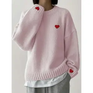 Women’s Winter New Fashion Sweater, Embroidered Heart Knitwear, Elegant Casual Woolen Pullover, Loose Long Sleeve Top, Embroidery