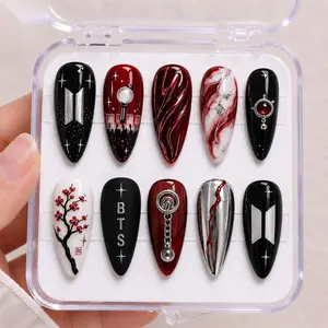 Crystal Fn Handmade Kpop Press On Nails | 3D Luxury Dark Red Square Coffin, Pearl Sakura Reusable Salon Quality Fake Nails | Kpop Fan Gift Valentine Set