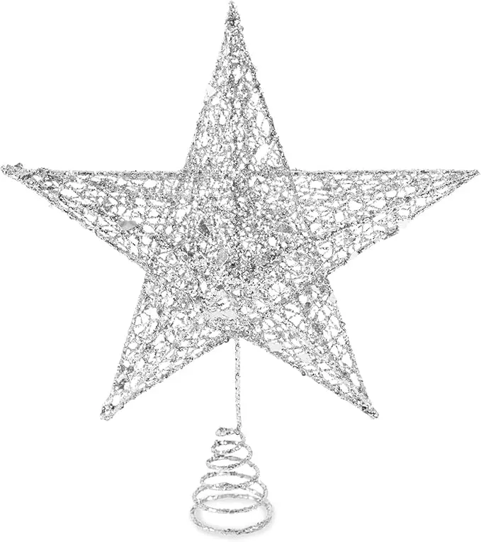 8 Inches Christmas Star Tree Topper - Silver Glitter Christmas Tree Ornaments Metal Hollow Star for Christmas Tree Indoor Party Decoration Home Ornaments