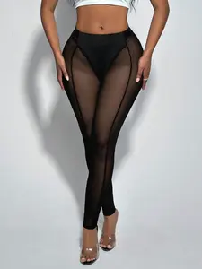 Solid Black Sheer Tight Mesh Split Leggings with Pockets Above the Ankle for Women's Spring Fashion Bottoms