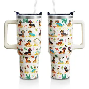 40 Oz Dachshund Tumbler with Handle and Lid Straw, Summer Dog Stainless Steel Travel Cups Birthday Dachshunds Lover Gifts for Women Men (1PC)