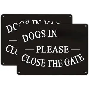 Dogs in Yard Please Close the Gate Sign, (2 Pack) 10x7inches Reflective Metal Signs 0.40 Aluminum Sign Pre-Drilled Holes For Easy Mounting for Fence Door or Gate