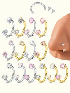 Stainless Steel Cz Nose Rings Set, 18g Heart & Star Design, Unisex Soft Ear Studs, Fashionable Jewelry Gift for All Seasons