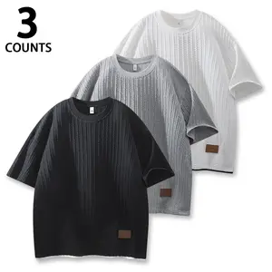 Men's 3-Pack Textured Cable Knit Short Sleeve Tees, Oversized Loose Fit Round Neck Menswear, Summer Casual Breathable Plain Basic Streetwear Shirts