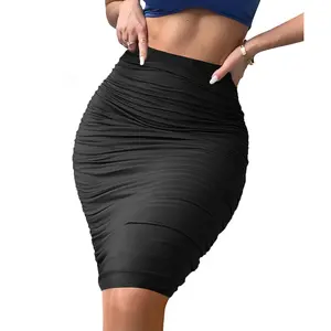 Women's Elastic High Waist Ruched Bodycon Stretch Elegant Pencil Midi Skirt