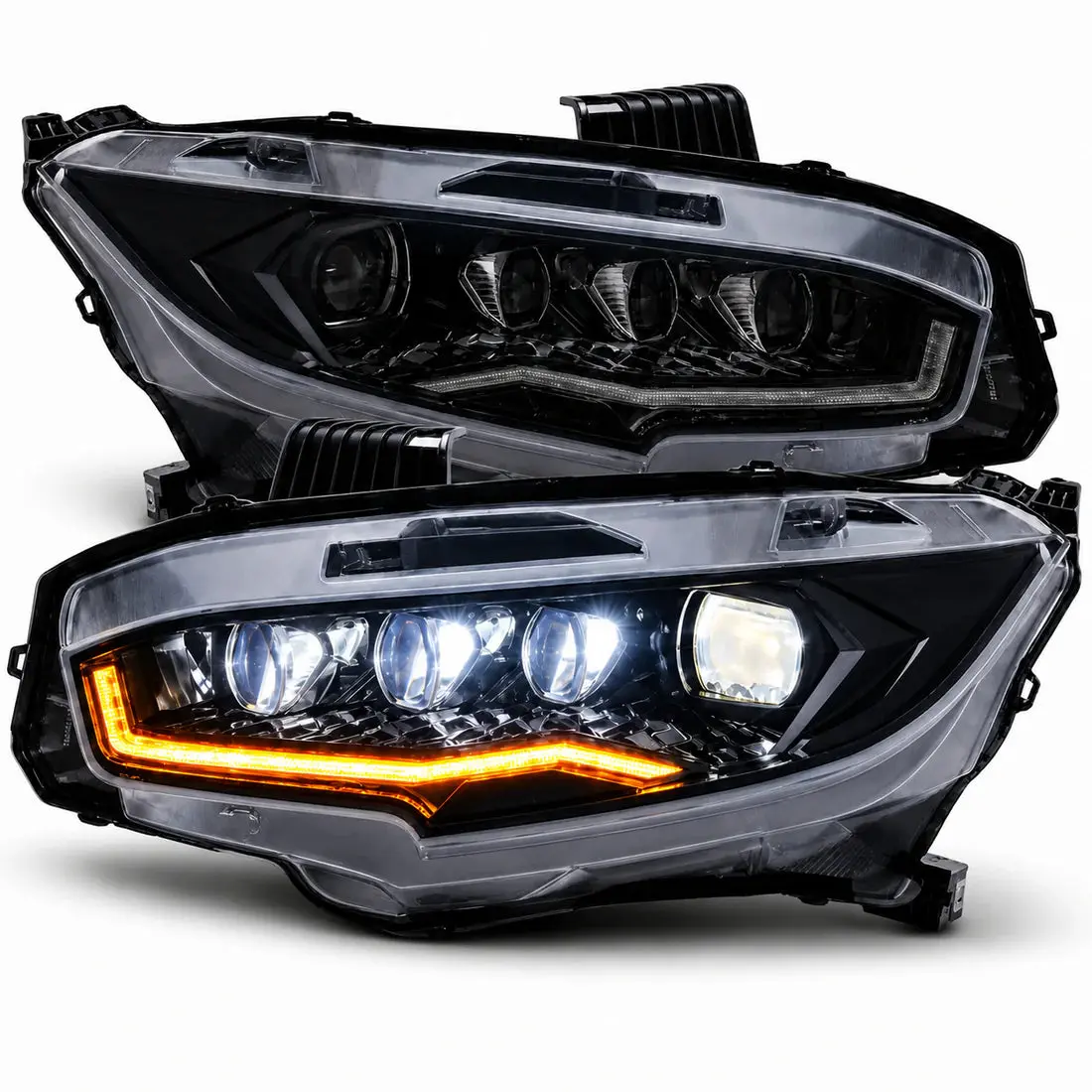 LED Projector Headlights Assembly for 2016-2021 Honda Civic 10th Gen, Aluminum Base, Night Drive Compatible, Plug-In Harness Included