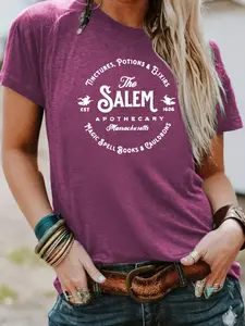 Massachusetts Salem Witch Vintage Round Neck Print T-Shirt, Casual Style Holiday Women's Short Sleeve Top, Daily Comfort Soft Fabric Everyday Tee Womenswear
