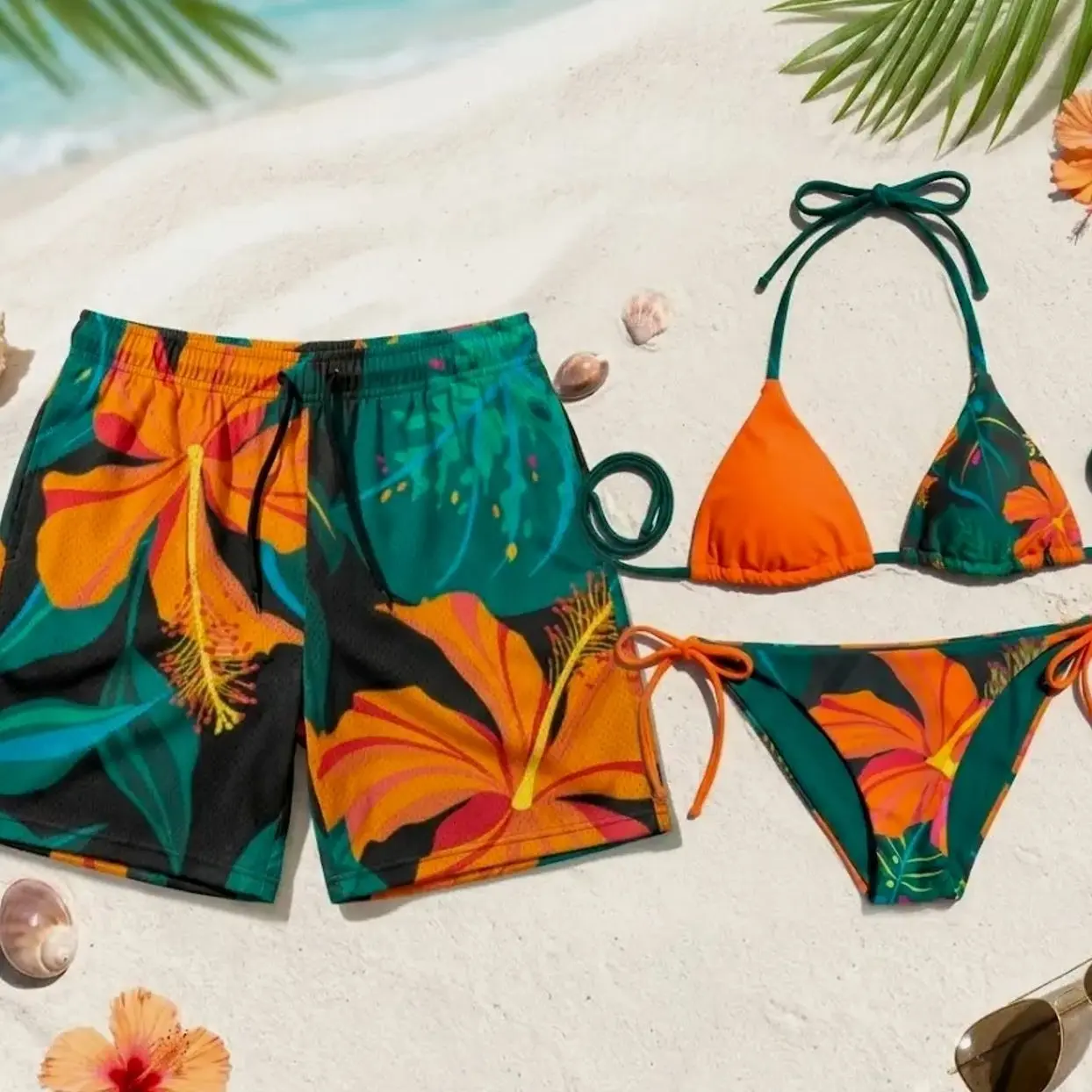 [Summer Deals] Matching Jungle Love Full Couples Swimwear, Bikini Tie Side Thong & Men’s Beach Shorts Set, Hawaiian Style Swimsuit, His and Hers Beachwear Gift MDY