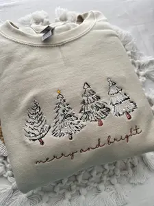 Merry & Bright Christmas Tree Embroidered Crewneck Sweatshirt - 4 Christmas Trees