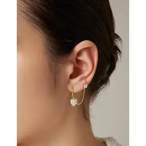 14K Gold Chain Earrings for Women - Double Piercing Dangle Chain, Detachable Huggie Hoop Earrings with Cubic Zirconia Studs & Anchor Dangle Design, 316L Surgical Steel Hypoallergenic Earrings.