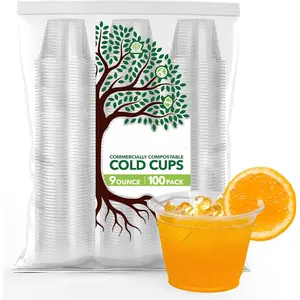 9 oz Clear Commercially Compostable Cold Cups (100 Pack) Plant Based Eco Party Cup, Environmentally Friendly Recyclable Disposable Sustainable for Water, Wine & Beer Sample