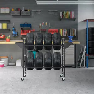 Garvee Adjustable Heavy-Duty Rolling Tire Rack for Garage – 2-Tier Steel Shelf Organizer with Dual Shelves – 4 Locking Swivel Casters – 500 lb Capacity – Fits Car, SUV, Truck, Spare Wheels