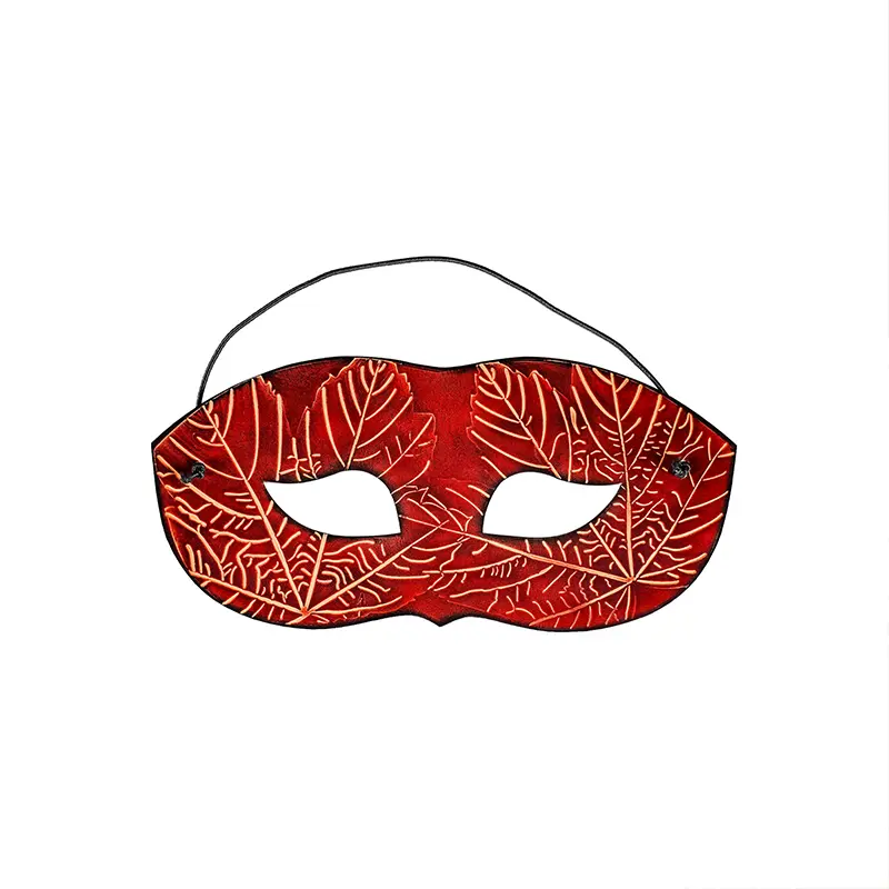 Maroon Genuine Leather Eye Mask with Embossed Maple Leaf Motifs for Roleplaying, LARP, Fantasy and Halloween - Costume Accessories Magical
