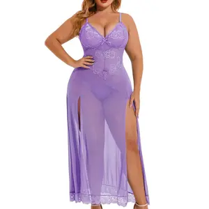 Avidlove Plus Size Lingerie For Women Babydoll Mesh Maxi Nightdress Strappy Exotic Sleepwear Side Slits