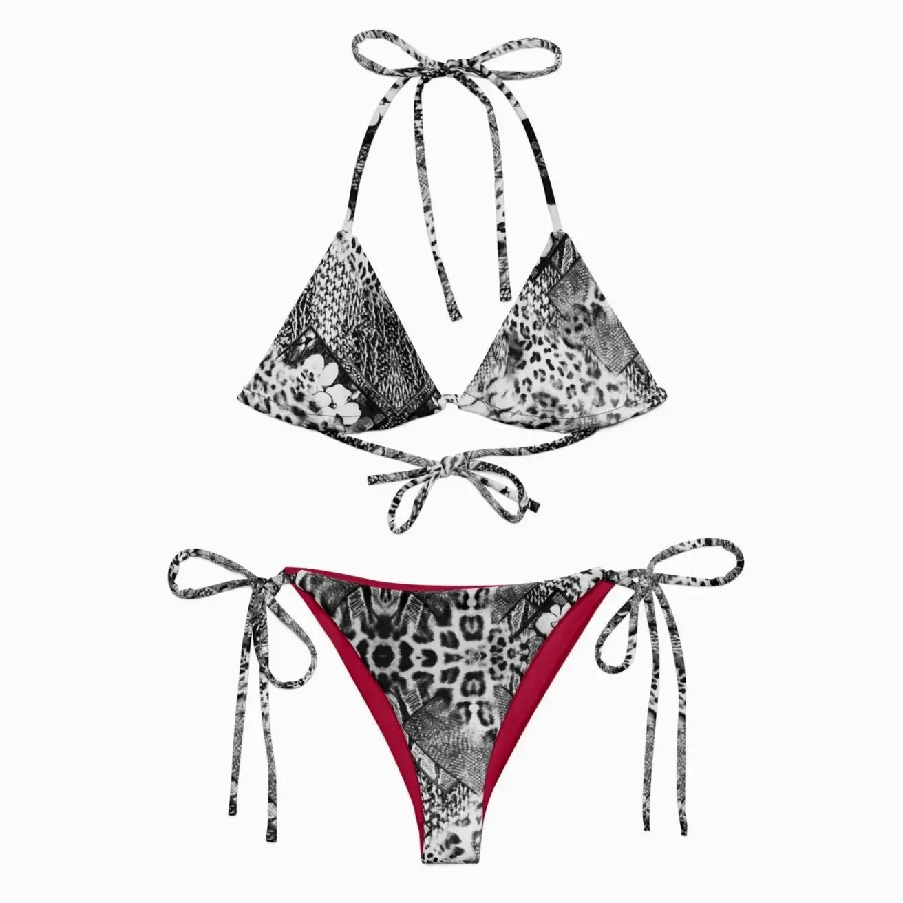 Wild Safari Animals Black and White Print Red String Bikini Set 9CS