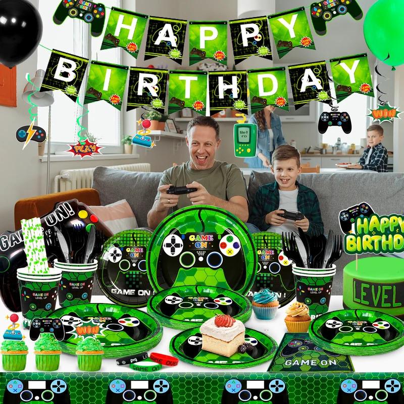 Video Game Birthday Party Decorations for Boys,194pcs Birthday Decorations&Tableware Set-Plates Cups Napkins Tablecloth Balloons