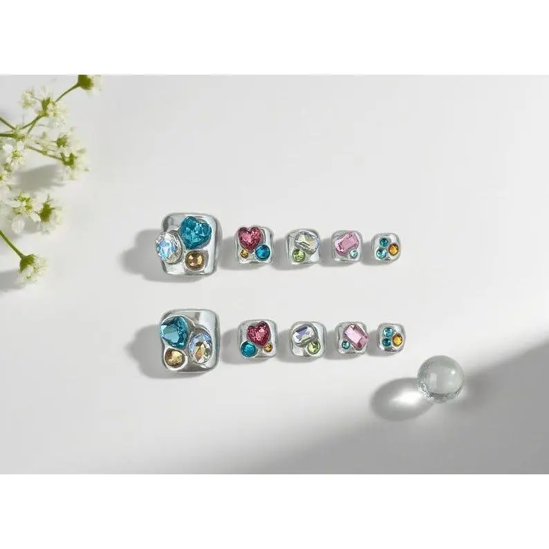 Y2K Silver Gem Toenails｜Sweet Cool 3D Crystal Press On Pedicure