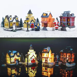 Christmas Village Sets Christmas Decorations, LED Lighted Christmas Village Houses with Figurines, Christmas Village Collection Indoor Room Decor Collectible Buildings