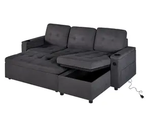 [Ships in 2 Boxes] AMERLIFE Sleeper Sofa, Modern Tufted Convertible Sofa Bed, USB Charging Ports & Cup Holders, Couch with Storage Chaise/Christmas Gift/Best Gift Ideas