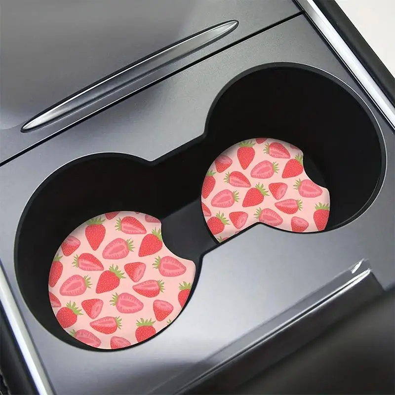 Car Coaster, 2 Counts Strawberry Pattern Non-slip Car Cup Mat, Car Interior Decoration