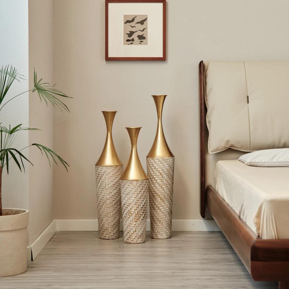 Modern Style 3-Piece Set Large Glazed Metal Floor Vase Woven Pattern Home Decoration Gorgeous Home Decor