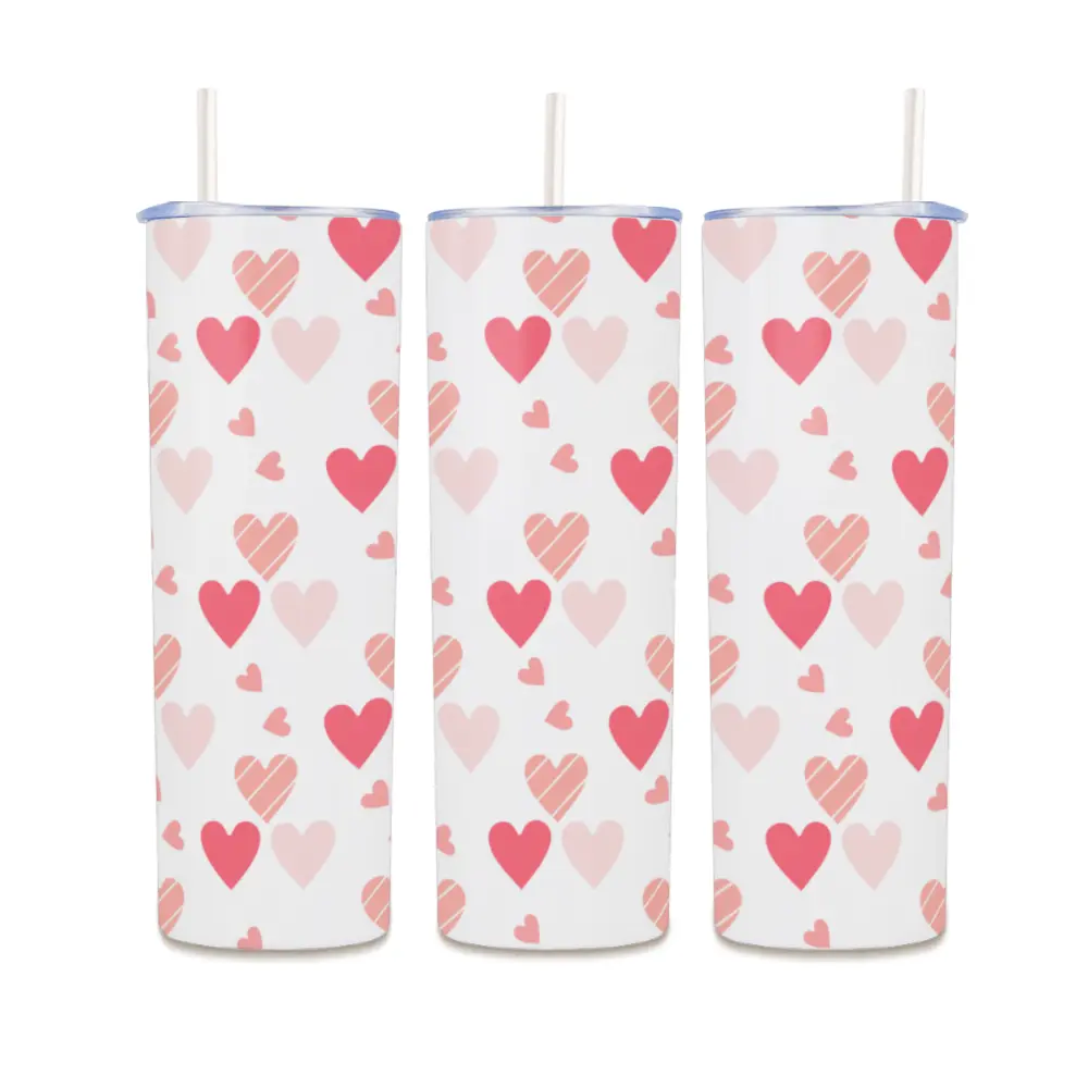 20oz Skinny 304 Stainless Steel Tumbler Pink Red Heart Print Double Wall Vacuum Insulated Travel Mug Leakproof Clear Lid Straw Hot Cold Coffee Water Cup Cute Romantic Aesthetic Car Drinking Tumbler Gift for Women Valentine