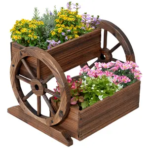 Country Wooden Carriage 2-Tier Flower Pot with Retro Wooden Wheels for Outdoor Garden, Terrace and Porch Decor