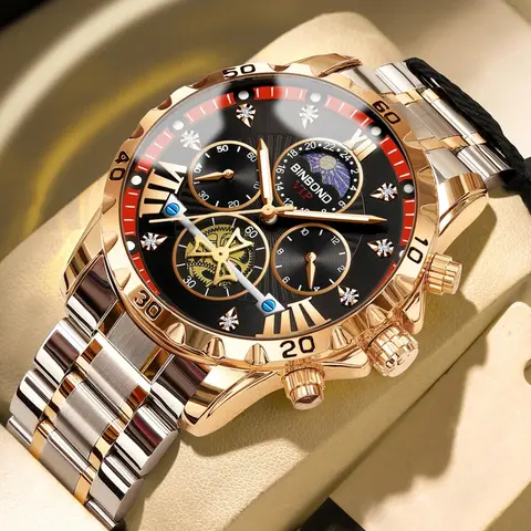 Men's Business Fashion Round Dial Analog Quartz Watch, Fashion Waterproof Watch for Party, Daily Clothing Decor, Trendy All-match & Exquisite Watch for Birthday Gift with Box, Water Resistant Watch, Business Fashion Watches, Rhinestone Accents