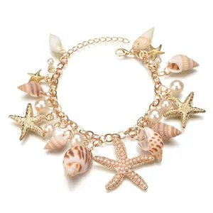 1pc Fashion Artificial Pearl Artificial Shell Charm Bracelet, Artificial Conch Artificial Starfish Charm Bracelet, Summer Beach Wear Bracelet.