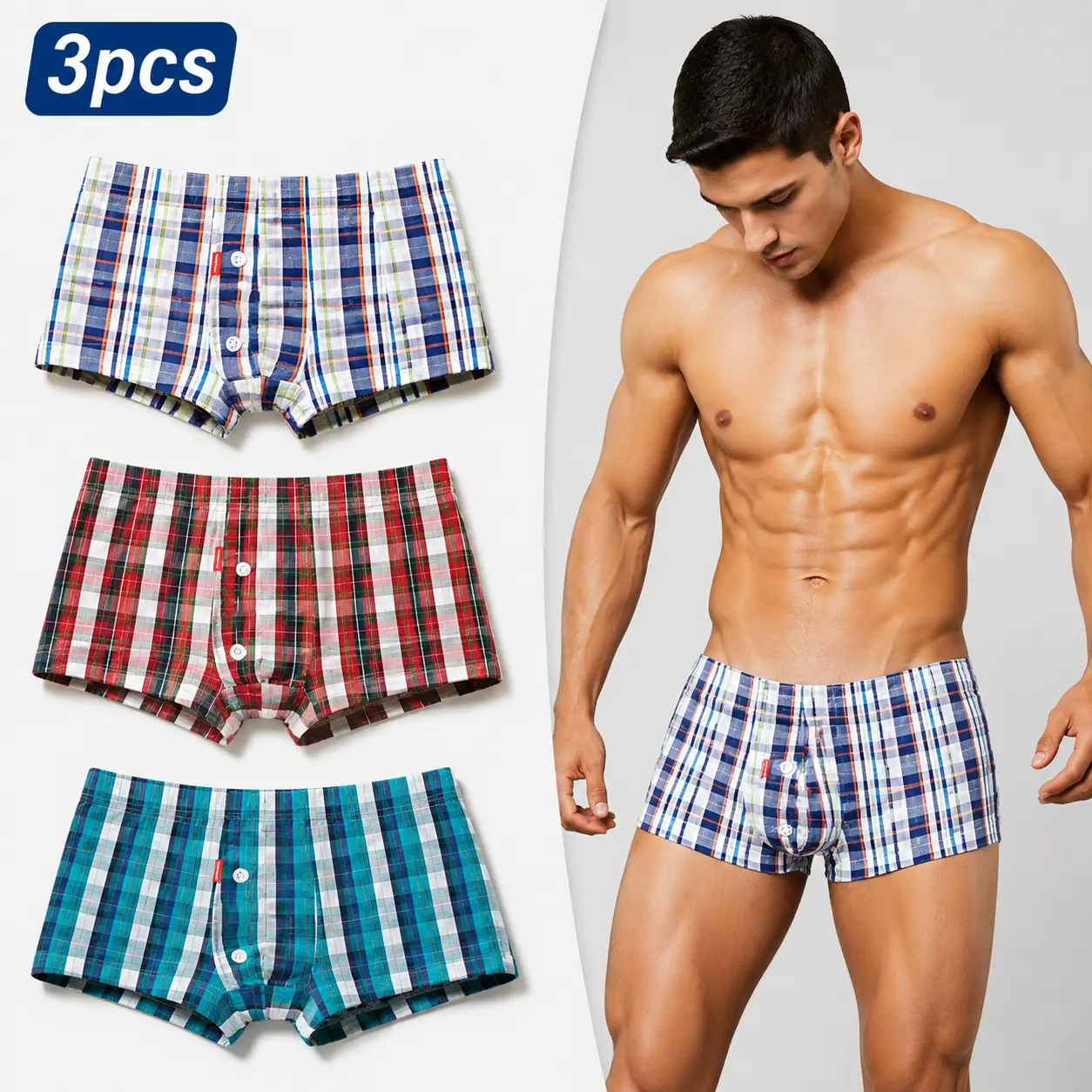 SEOBEAN Men's Plaid Boxer Shorts 3 Pack, Woven Cotton Underwear Shorts with Button Fly, Relaxed Fit Checkered Lounge Shorts for Men, Soft Breathable Casual Sleepwear home use