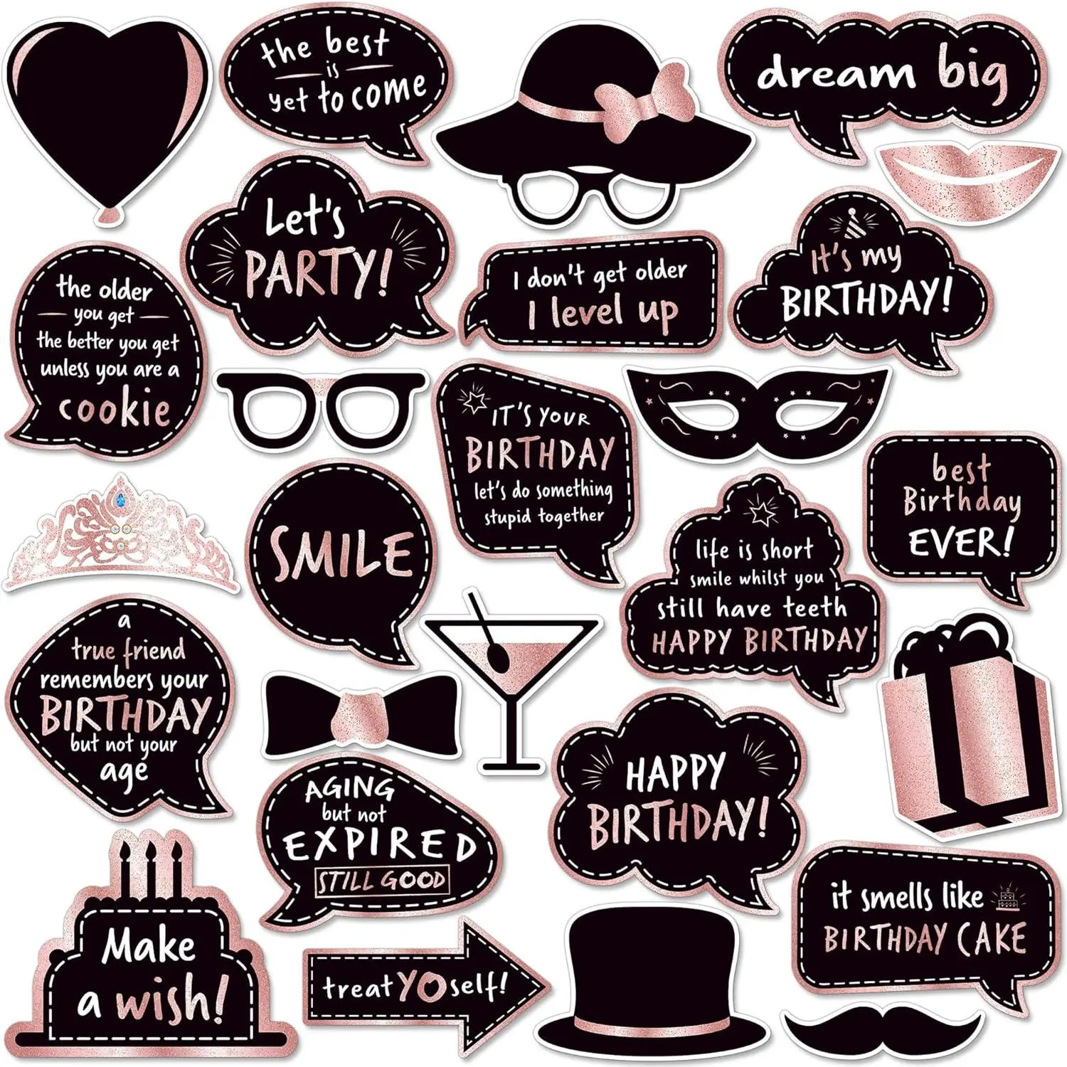 Premium Birthday Photo Booth Props Kit  27 Rose Gold Party Decorations (No Glitter) Durable & Easy-to-Use Photobooth Signs for Memorable Photos Unforgettable Celebrations by