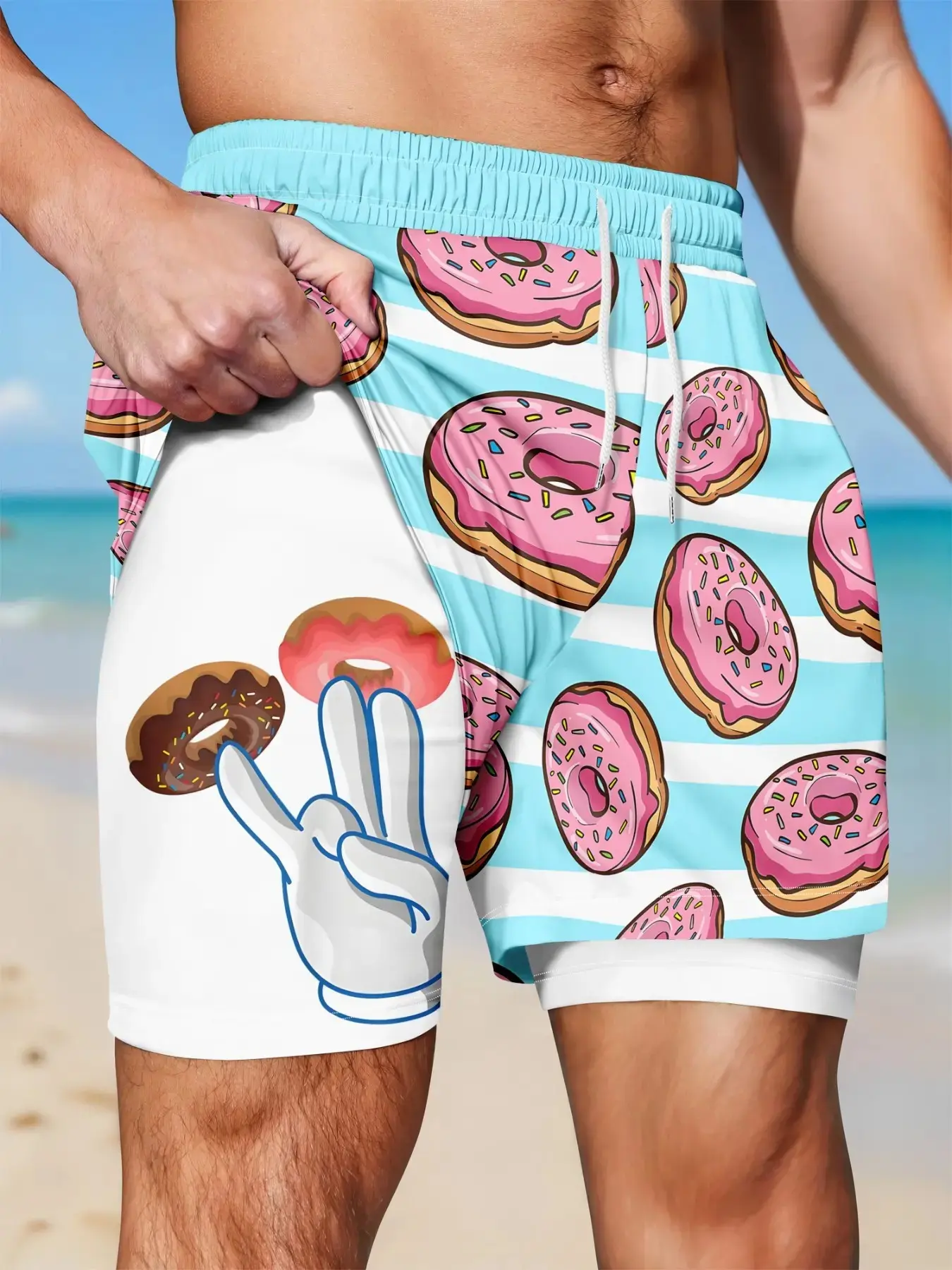 Men's Double-Layer Non-See-Through Beach Swim Trunks, Colorful Donut Cartoon Print Quick-Dry Shorts with Elastic Drawstring Waist, Breathable Casual Swim Shorts for Summer, Swimwear Shorts