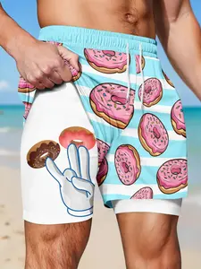 Men's Double-Layer Anti-See-Through Beach Shorts, Colorful Donut Cartoon Print, Quick-Dry Swim Trunks, Elastic Drawstring Waist, Breathable, Casual