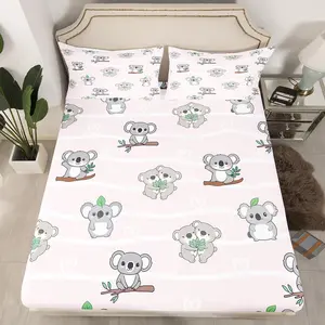 Feelyou Cute Koala Microfiber Soft Bedding Set - Luxury Full Size Fitted Bedsheet Set with White Wavy Lines & Hearts, Lovely Animal Themed Room Decor Bed Cover, Bedsheet Sets