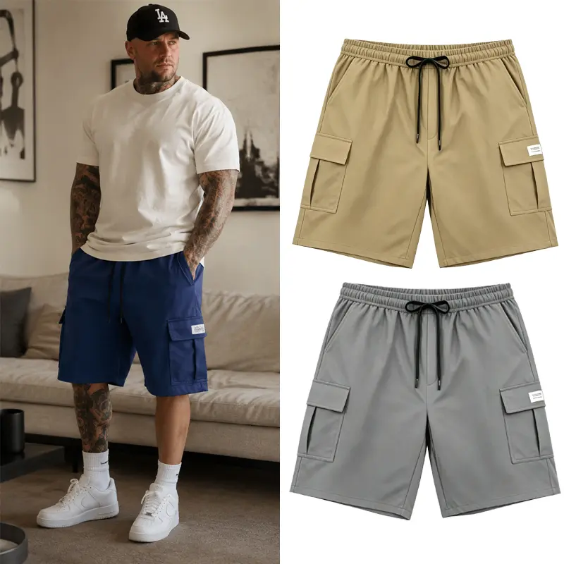 Men's 2-Pack Cargo Shorts with Belt, Casual Multi-Pocket Outdoor Bottoms Made from Durable Fabric for Hiking & Fitness, Menswear, Set, Construction, Adjustable Belt
