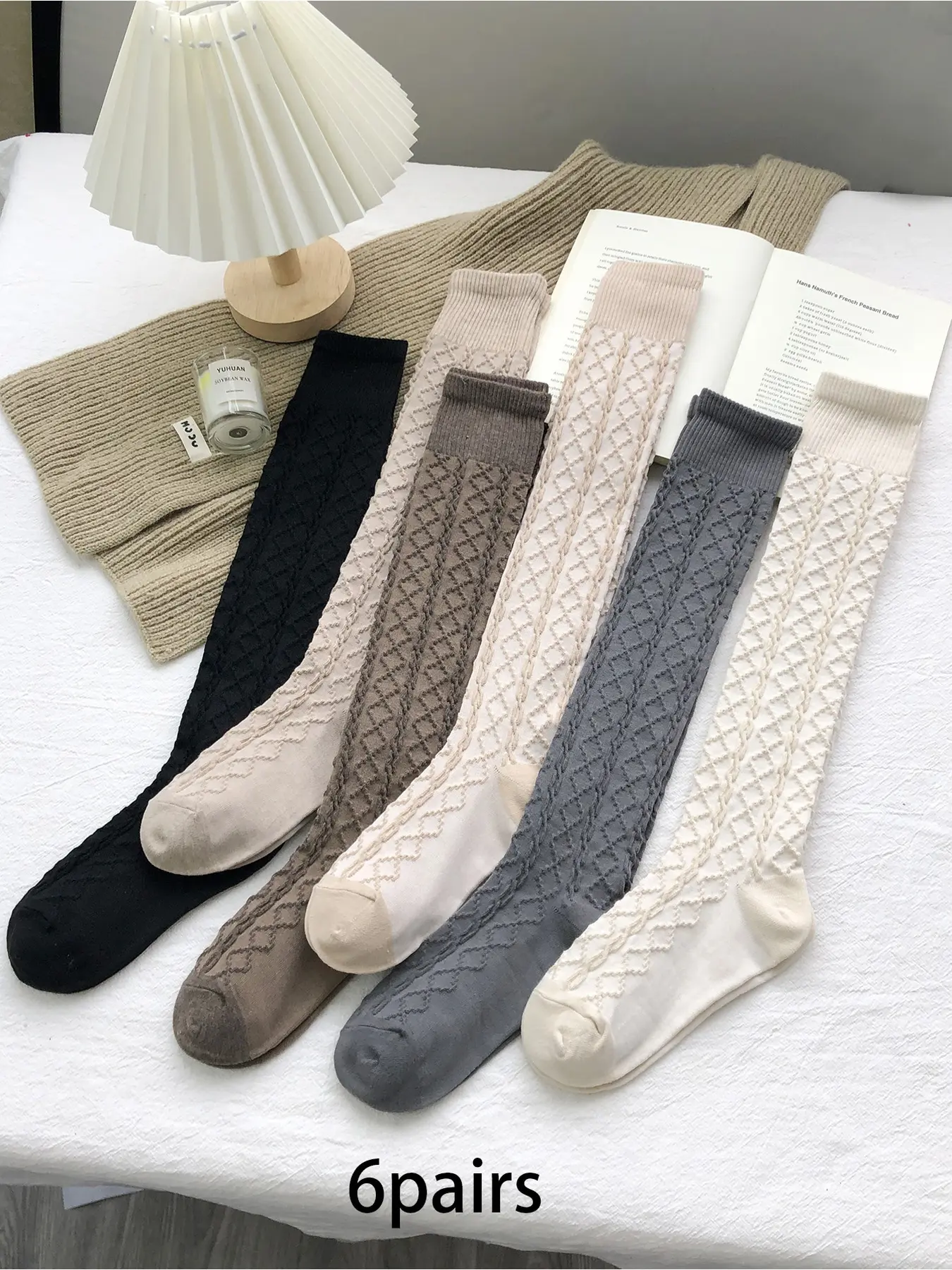 6pairs retro vintage Ribbed threaded calf socks are comfortable, breathable, and suitable for women's daily casual commuting wear Sock Sets