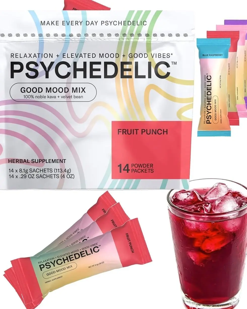 Good Mood Mix - Fruit Punch - Powder Packets - Calming Kava Drink Mix - Easy Open Single-Serving - Flavored Kava Powder - Mucuna Pruriens - Stevia - Non Alcoholic Adaptogen Mocktails - 14 Stick