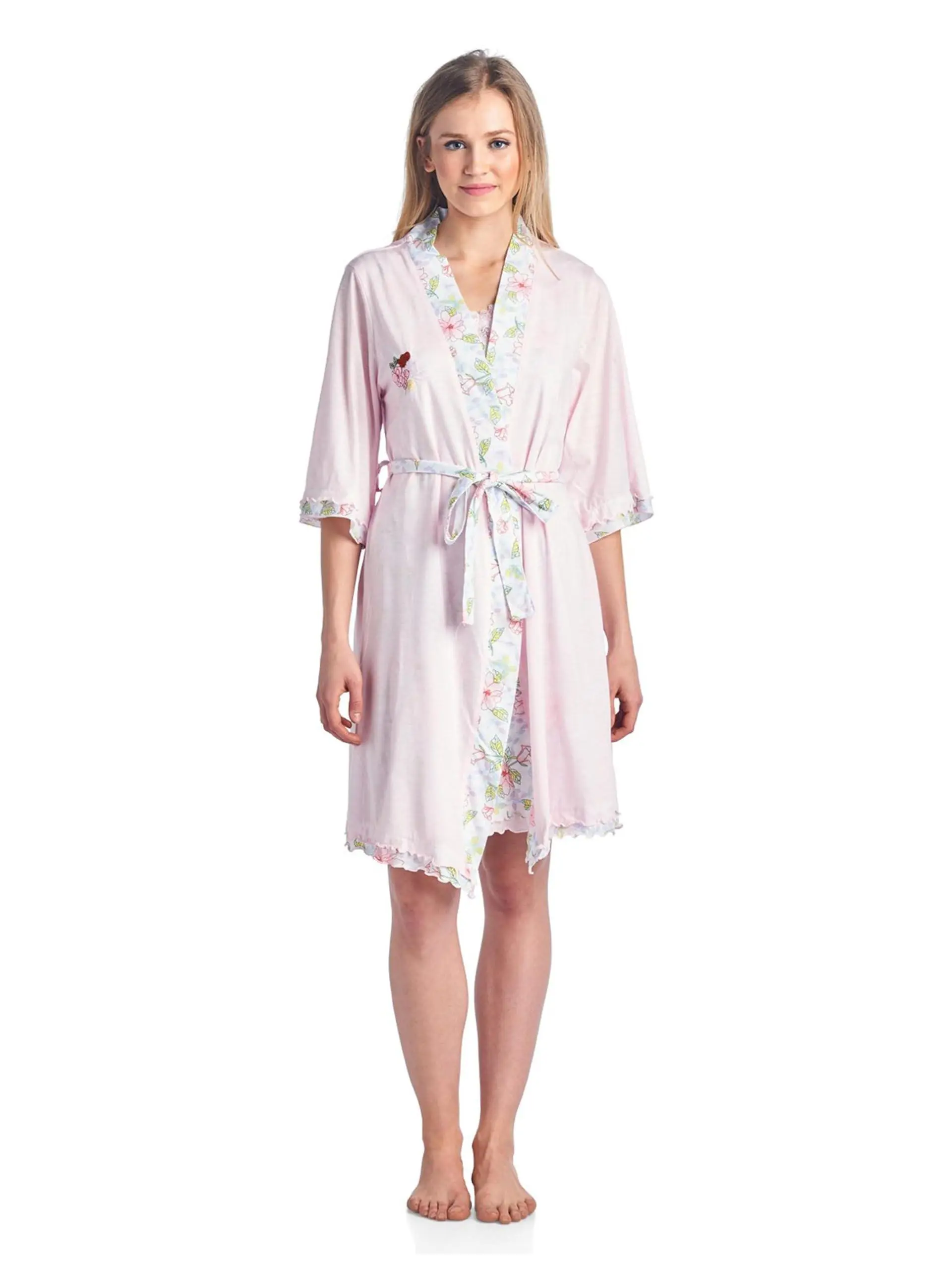 Casual Nights Women's 2-Piece Cotton Kimono-Style Sleepwear Set - Nightgown & Robe for Everyday Loungewear, Wrap, Sleeves, Matching, Knit, Feminine