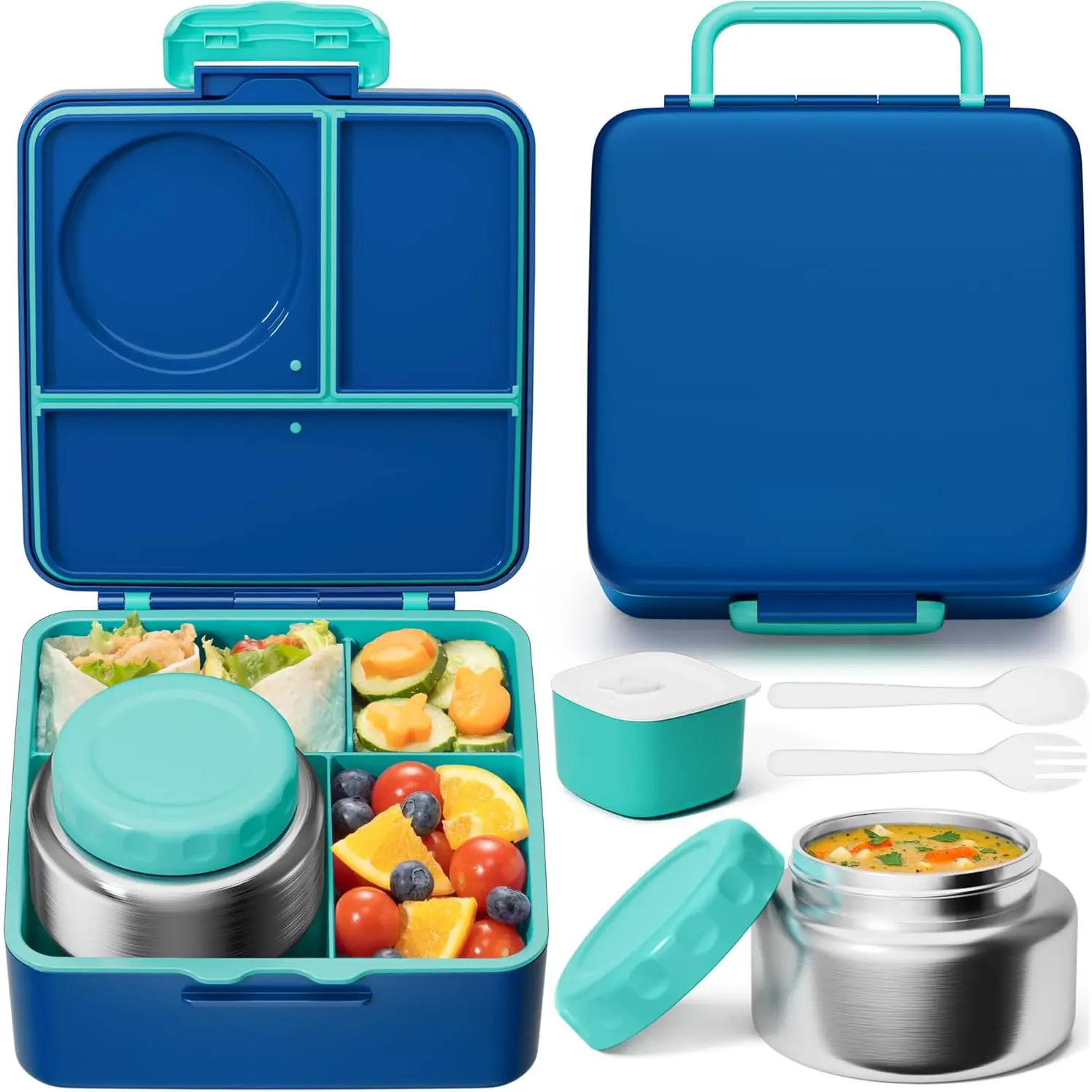 Bento Box for  Adult,  & Leakproof  Lunch Box with 8.5oz Insulated Thermos  Jar, Utensils & Sauce Jar, Dishwasher Safe 3 or 4 Compartment Container for School Girl Boy