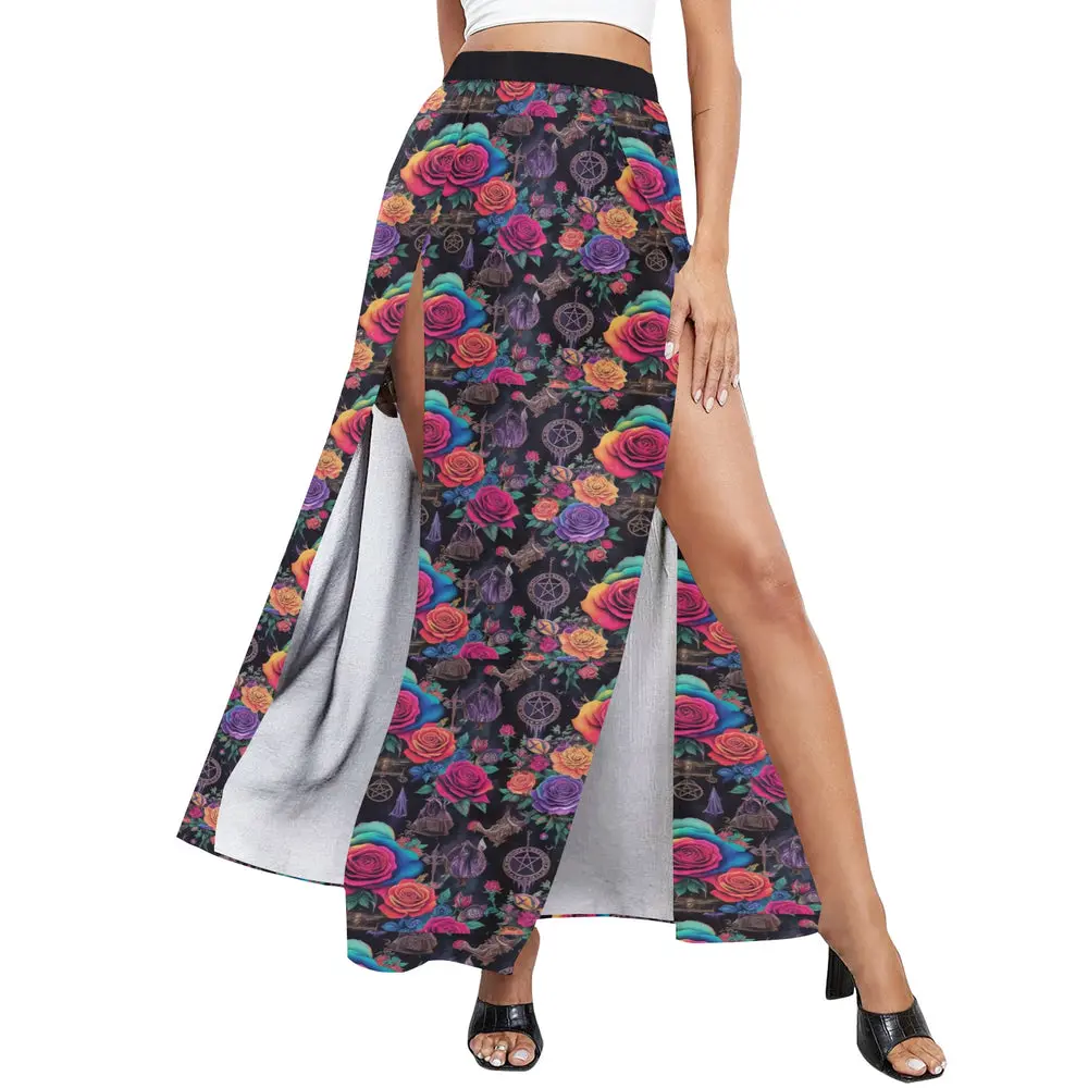 Rainbow rose Occult Inverted Pentagram Gothic style casual Women's Slit Long Lightweight witchy fashion skirt