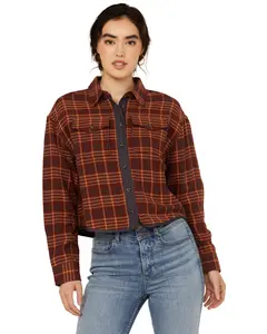 Cleo + Wolf Women's Chelsea Plaid Print Long Sleeve Button-Down Cropped Shirt - Clfa24w31-Brdybn